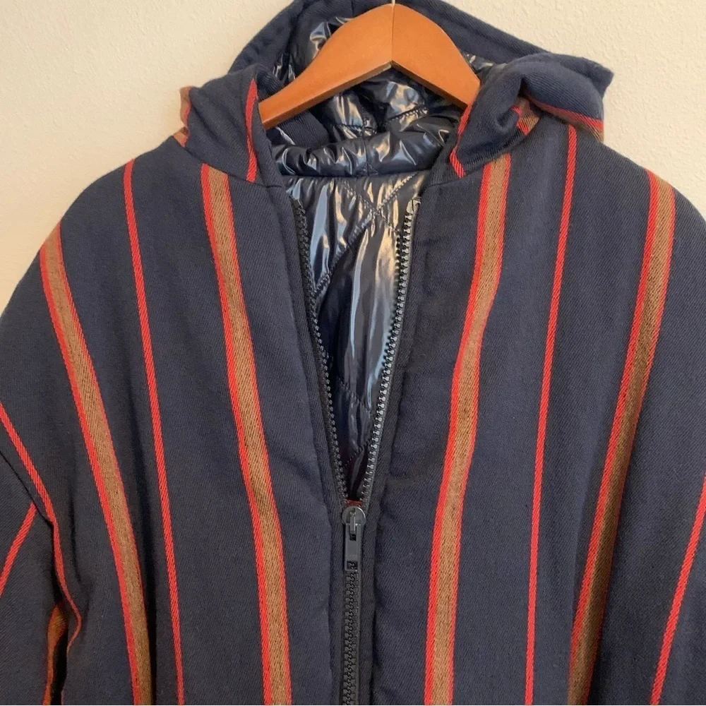 DRIES VAN NOTEN Down Reversible Puffer Jacket XL Cotton Linen Navy Stripes NWT